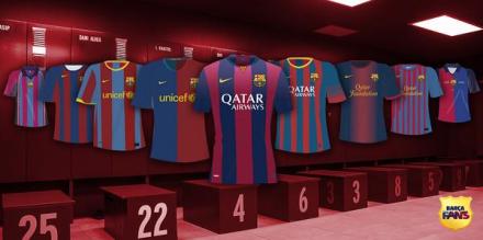 图片:巴萨过去几个赛季的球衣[via @fcbarcelona_cat]