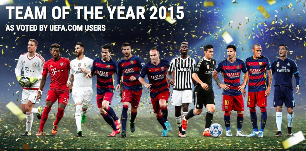 欧足联最佳阵容:梅西内马尔C罗领衔