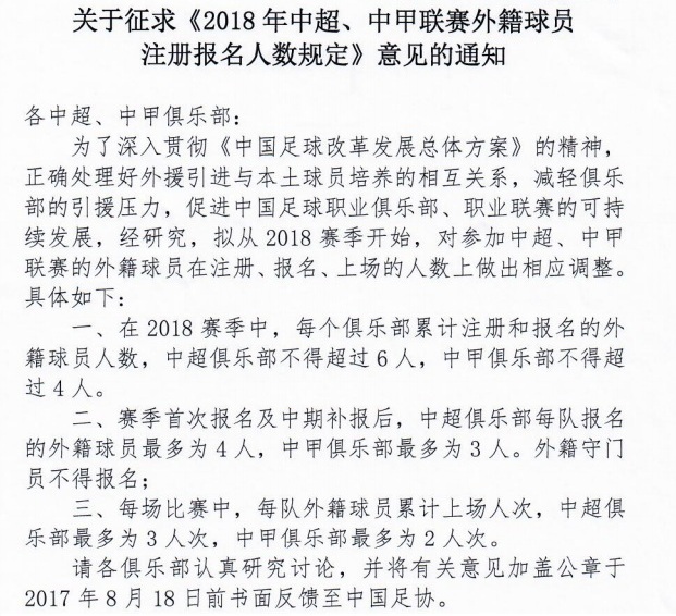 足协意见通知:2018赛季中超注册外援人数减为