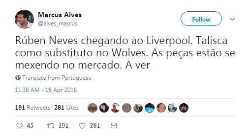 葡萄牙记者：鲁本-内维斯今夏将加盟利物浦