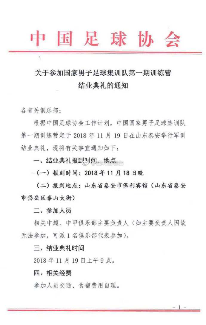 第一期国足集训营结业，各俱乐部将派负责人参加典礼