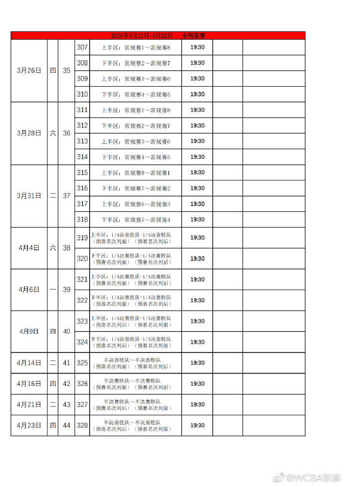 WCBA聯(lián)賽2019-20賽季賽程公布