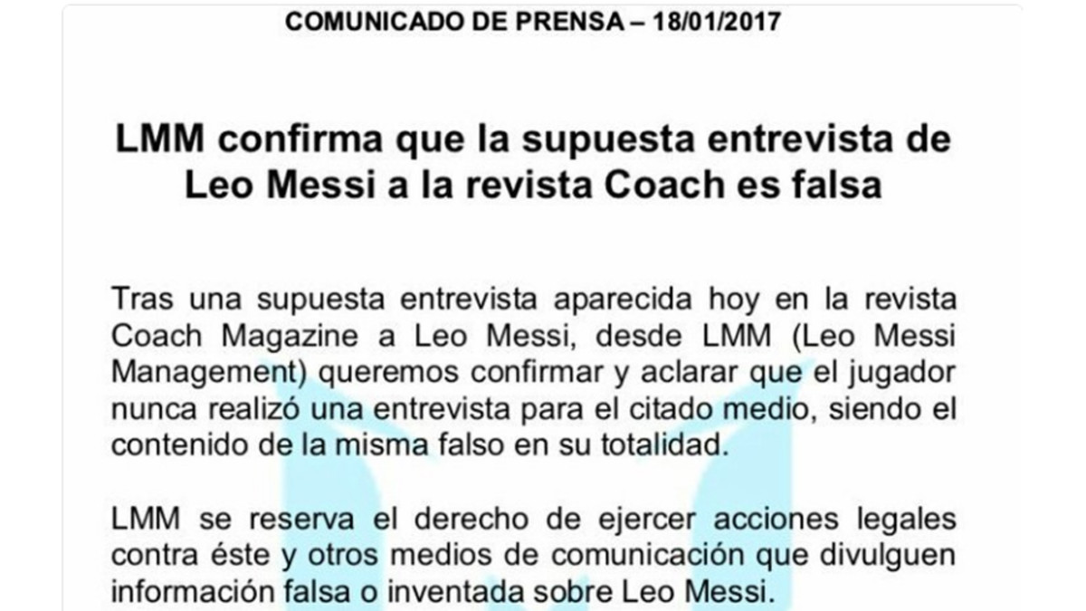梅西团队官方声明:未接受Coach杂志采访