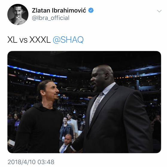 伊布分享和奥尼尔合照：特大号vs超级特大号