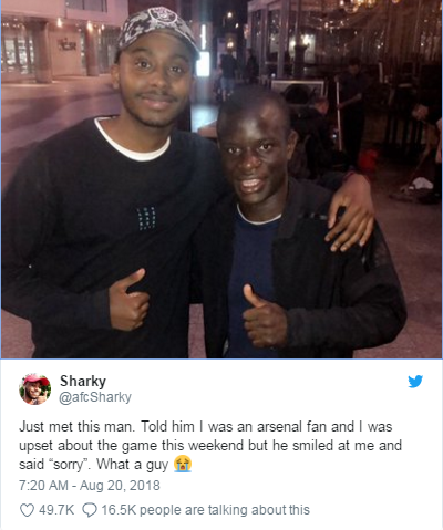 <a href=https://www.310bf.com/tags-%E9%98%BF%E6%A3%AE%E7%BA%B3-0.html target=_blank class=infotextkey>阿森纳</a>球迷曝偶遇坎特：知道我是枪迷后他对我说对不起