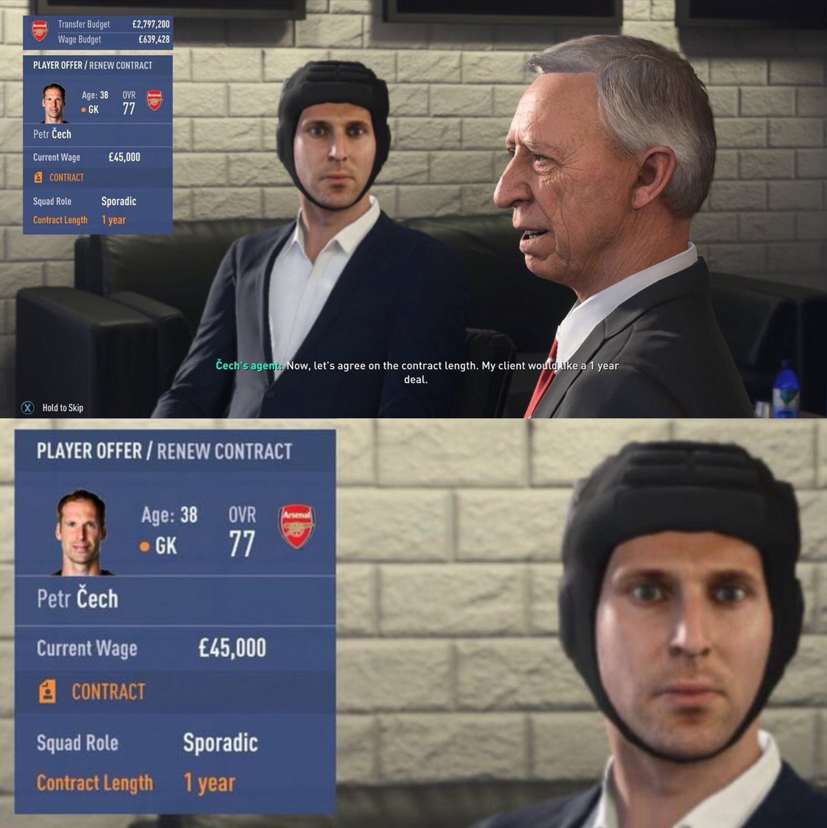 切赫：FIFA19谈判里戴帽子还不够真实，我会戴领带