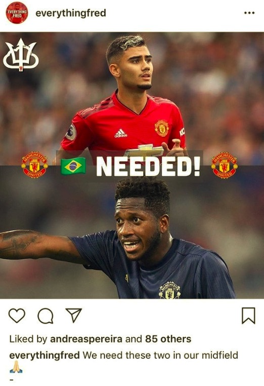 教练我想踢球！佩雷拉点赞呼吁自己和弗雷德上场的Ins