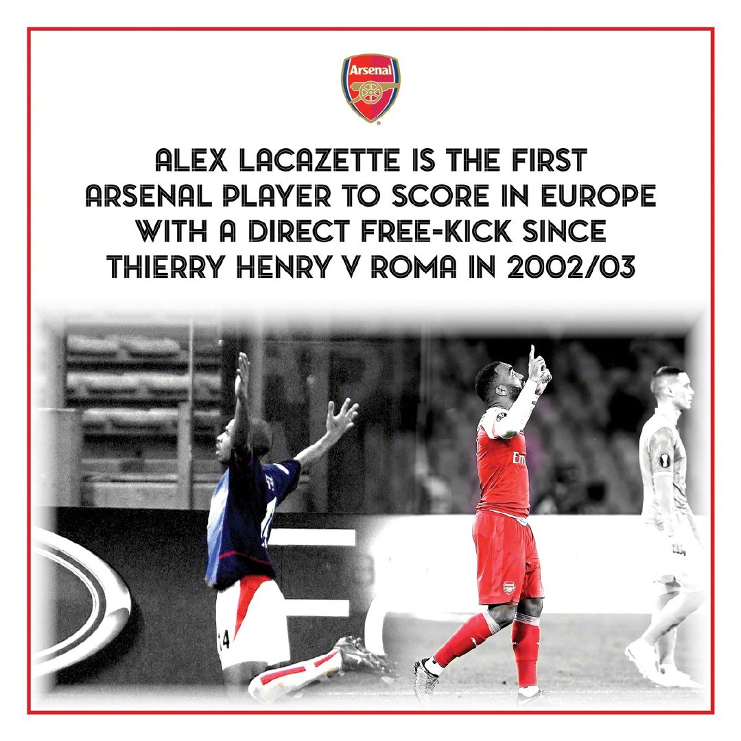 拉卡泽特成亨利后，首位在欧战打进直接任意球的枪手球员