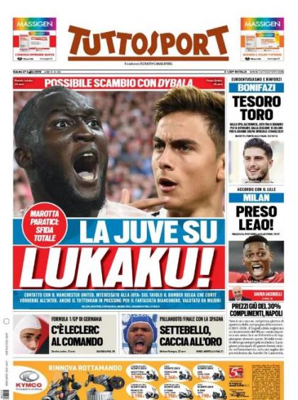 多家意媒封面：尤文开始追逐卢卡库，迪巴拉或去<a href=https://www.310bf.com/tags-%E6%9B%BC%E8%81%94-0.html target=_blank class=infotextkey>曼联</a>