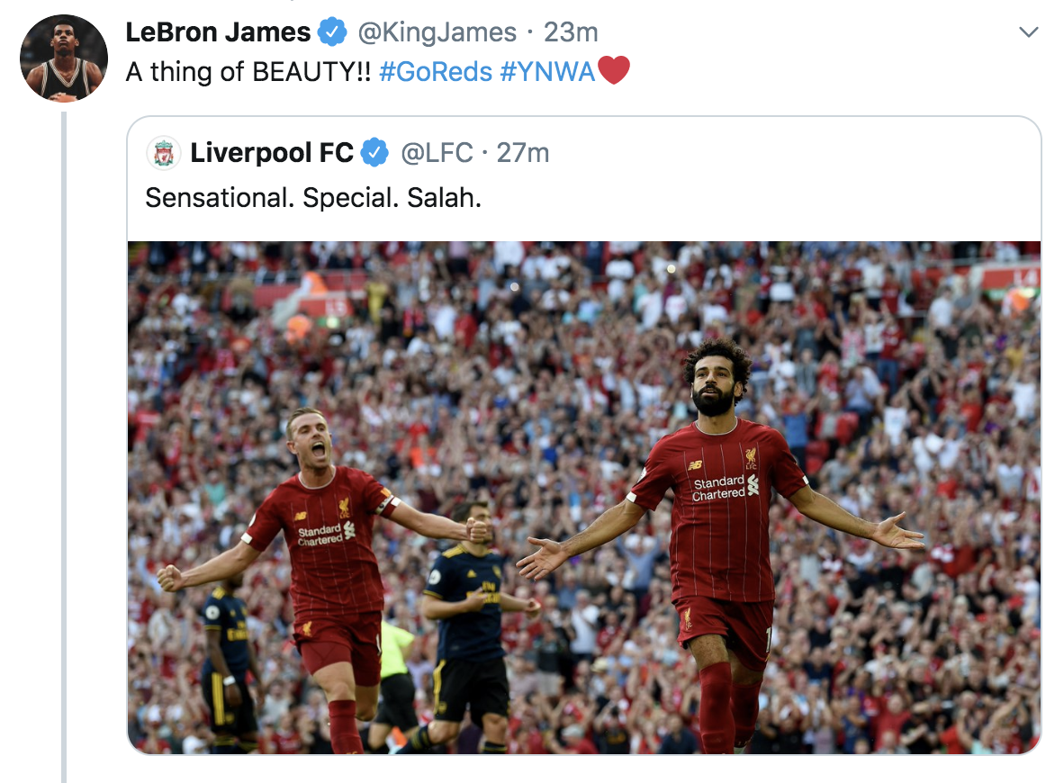 萨拉赫梅开二度，小老板詹姆斯来点赞：太美妙啦！