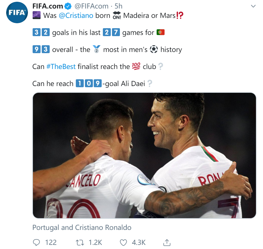FIFA官推：这<a href=https://www.310bf.com/tags-C%E7%BD%97-0.html target=_blank class=infotextkey>C罗</a>是出生在马德拉岛还是出生在火星啊？