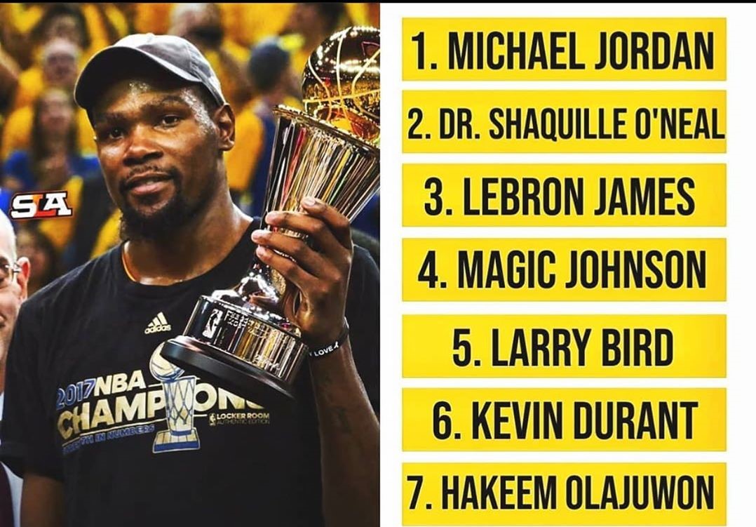 奥尼尔Ins晒历史总决赛表现TOP10球员，自己排第二