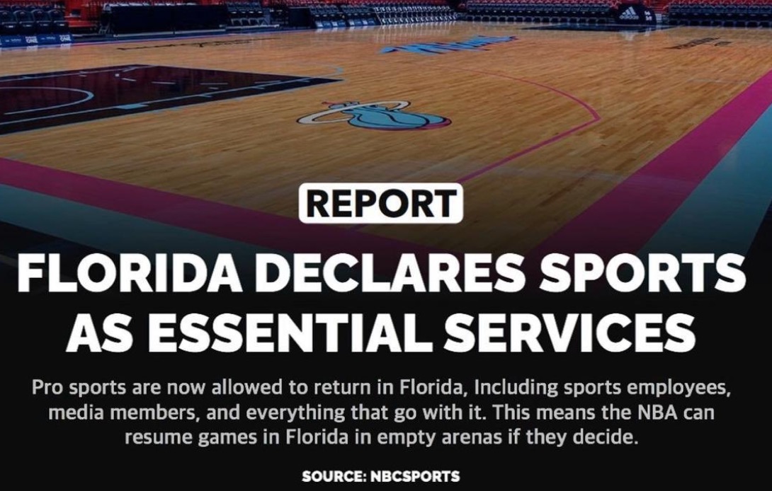 佛罗里达允许体育从业者回归，NBA可选择该地空场比赛