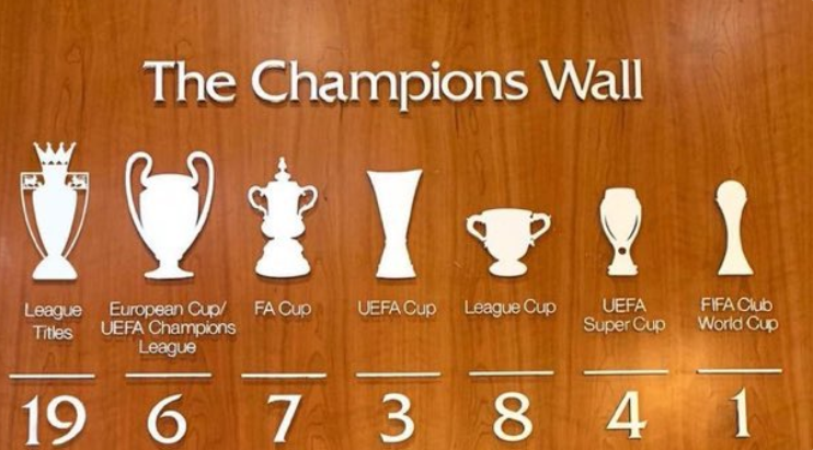 48个冠军！利物浦冠军墙：19个顶级联赛冠军