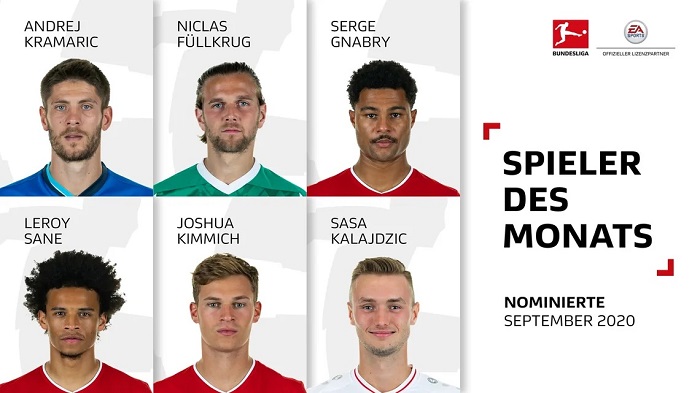 德甲9月最佳球员候选：萨内、基米希和格纳布里在列